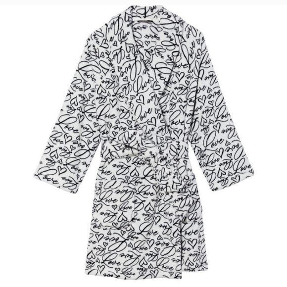 Victoria's Secret Pink Women's Plush Black/White Love Print Robe - Picture 6 of 7